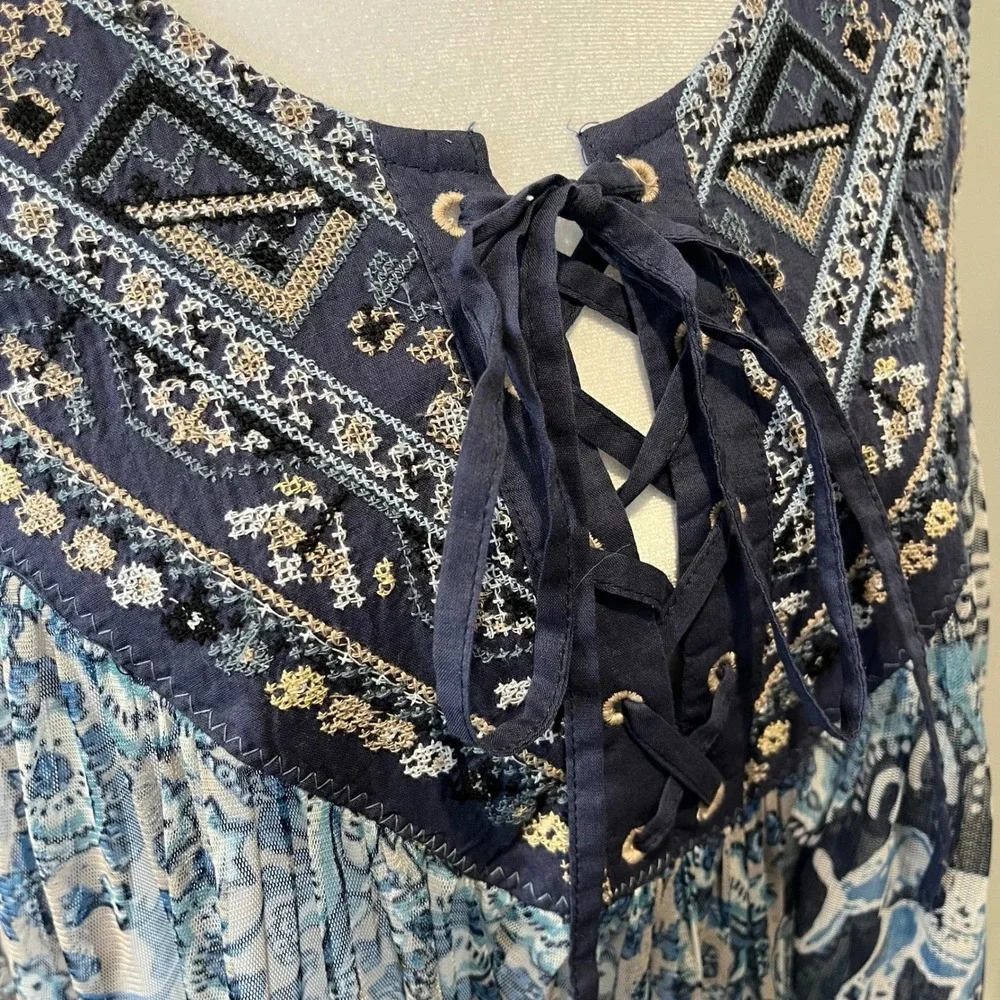 Free People Wanderers Midi Dress Blue Women's Medium Elephant Sheer Boho Coverup
